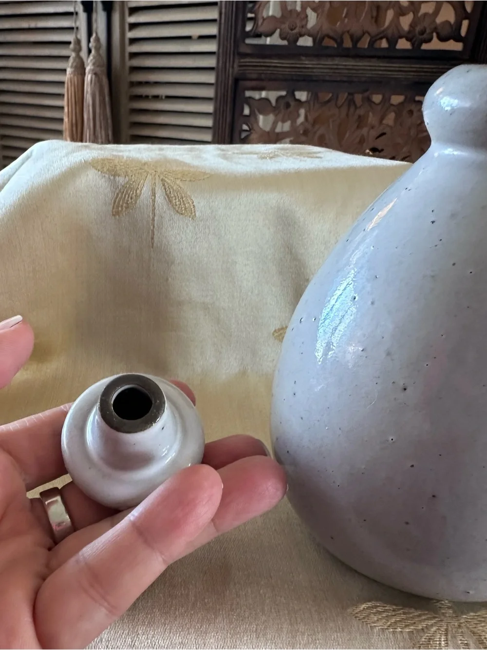 Crate & Barrel Grayish White Speckled Glazed Ceramic Stoneware Olive Oil Cruet.